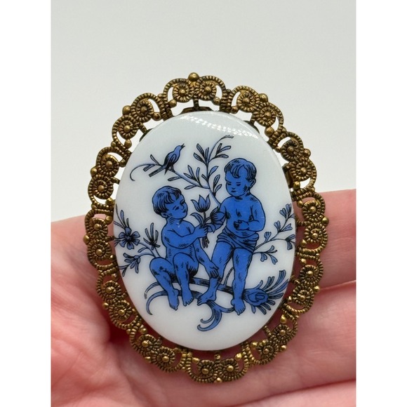 Estate Jewelry - Vintage West Germany Brooch Blue and White Ceramic Cherub Pin